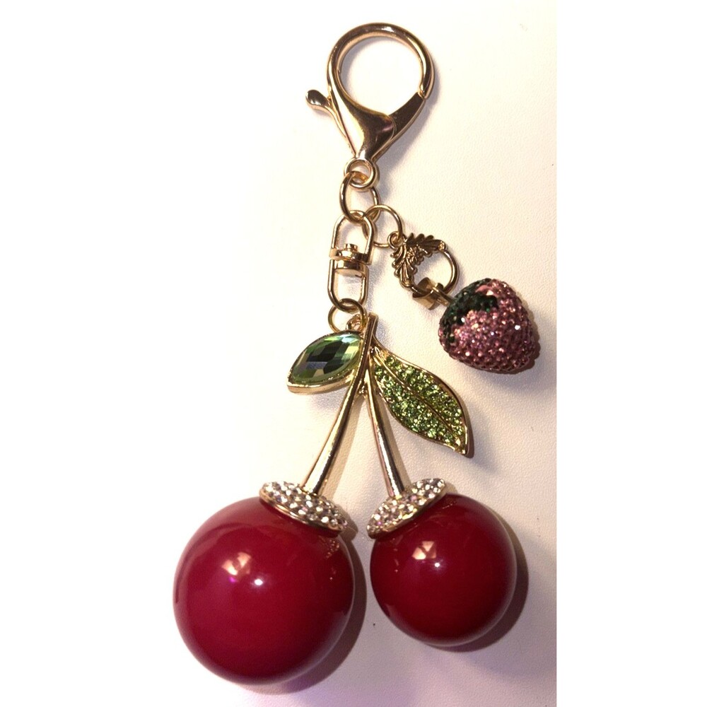RARE Viral Red Cherries/Pink Rhinestone Strawberry PurseCharm Keychain Accessory
